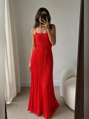 Banana Republic Minimalist Pleated Slip Maxi Dress Bright Red US 0